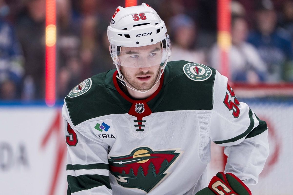 Mar 7, 2025; Vancouver, British Columbia, CAN;  Minnesota Wild defenseman David Jiricek (55) skates during warm up prior to a game against the Vancouver Canucks at Rogers Arena. Mandatory Credit: Bob Frid-Imagn Images