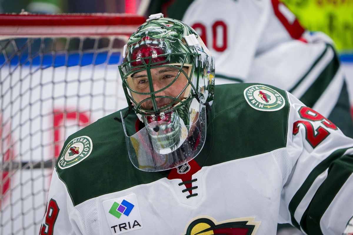Mar 7, 2025; Vancouver, British Columbia, CAN; Minnesota Wild goalie Marc-Andre Fleury (29) smiles after making a save during warm up prior to a game against the Vancouver Canucks at Rogers Arena. Mandatory Credit: Bob Frid-Imagn Images