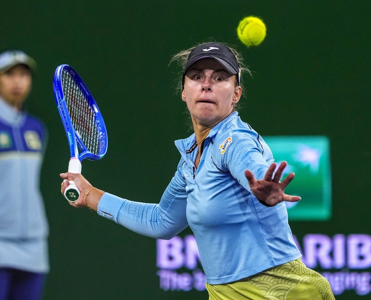 Magda Linette hits to Jessica Pegula during the second round of the BNP Paribas Open in Indian Wells, Calif., Friday, March 7, 2025.