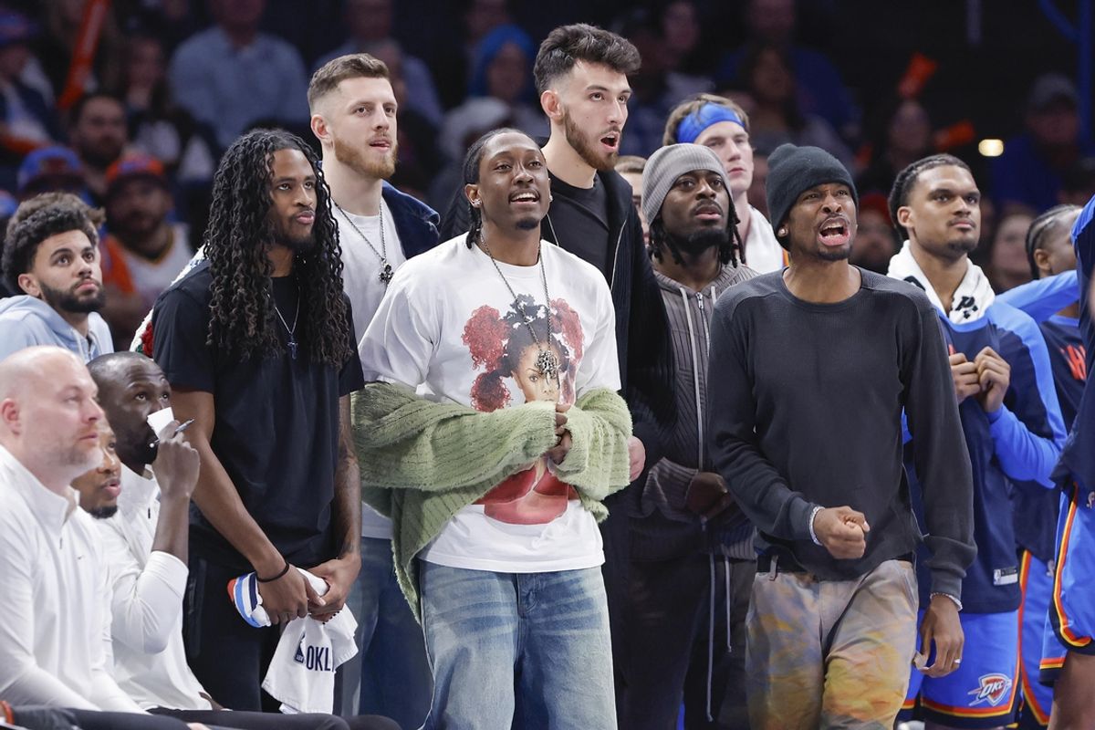 Mar 7, 2025; Oklahoma City, Oklahoma, USA; Members of the Oklahoma City Thunder watch as their team play against the Portland Trail Blazers during the second half at Paycom Center. Mandatory Credit: Alonzo Adams-Imagn Images