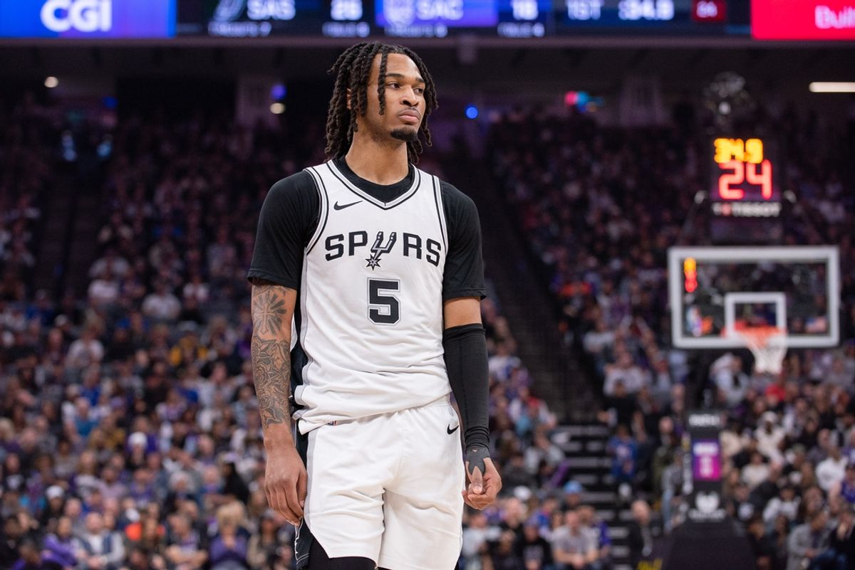 Mar 7, 2025; Sacramento, California, USA; San Antonio Spurs guard Stephon Castle (5) looks on during the first quarter of the game against the Sacramento Kings at Golden 1 Center. Mandatory Credit: Ed Szczepanski-Imagn Images