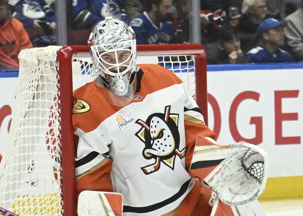 Mar 5, 2025; Vancouver, British Columbia, CAN; Anaheim Ducks goaltender John Gibson (36) watches the puck against the Vancouver Canucks during the third period at Rogers Arena. Mandatory Credit: Simon Fearn-Imagn Images