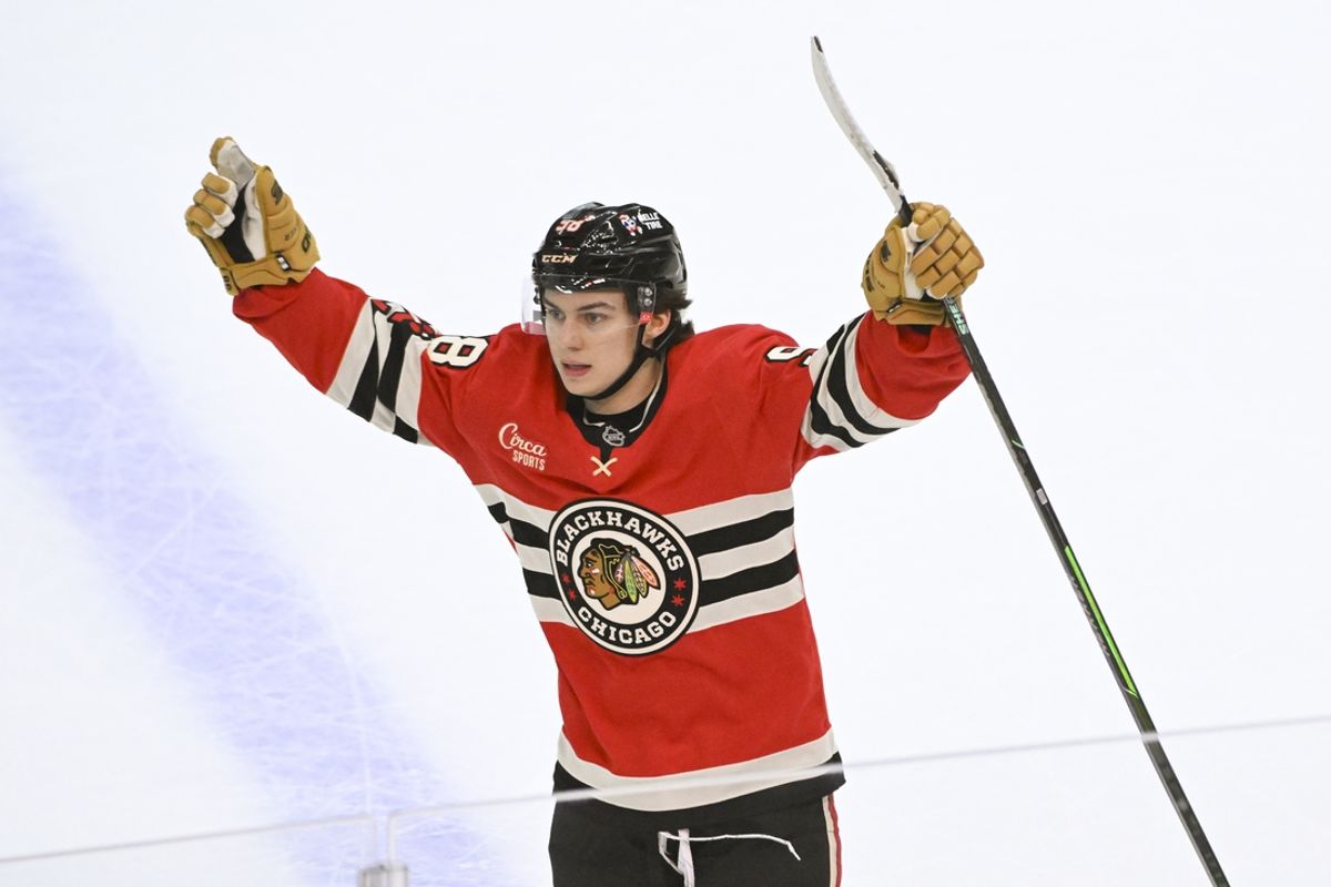 Mar 7, 2025; Chicago, Illinois, USA;   Chicago Blackhawks center Connor Bedard (98) celebrates after scoring the winning goal during the overtime period  at the United Center. Mandatory Credit: Matt Marton-Imagn Images