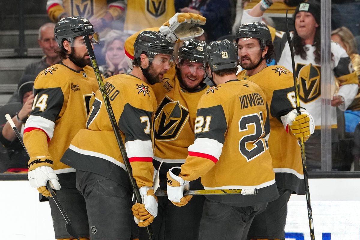 Mar 7, 2025; Las Vegas, Nevada, USA; Vegas Golden Knights center Ivan Barbashev (49) celebrates with team mates after scoring a goal against the Pittsburgh Penguins during the second period at T-Mobile Arena. Mandatory Credit: Stephen R. Sylvanie-Imagn Images