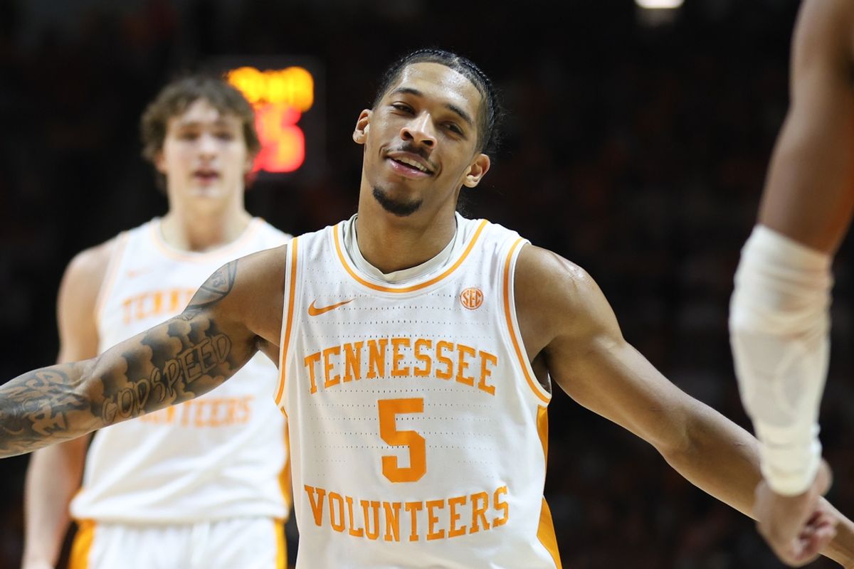 Mar 8, 2025; Knoxville, Tennessee, USA; Tennessee Volunteers guard Zakai Zeigler (5) during the first half against the South Carolina Gamecocks at Thompson-Boling Arena at Food City Center. Mandatory Credit: Randy Sartin-Imagn Images