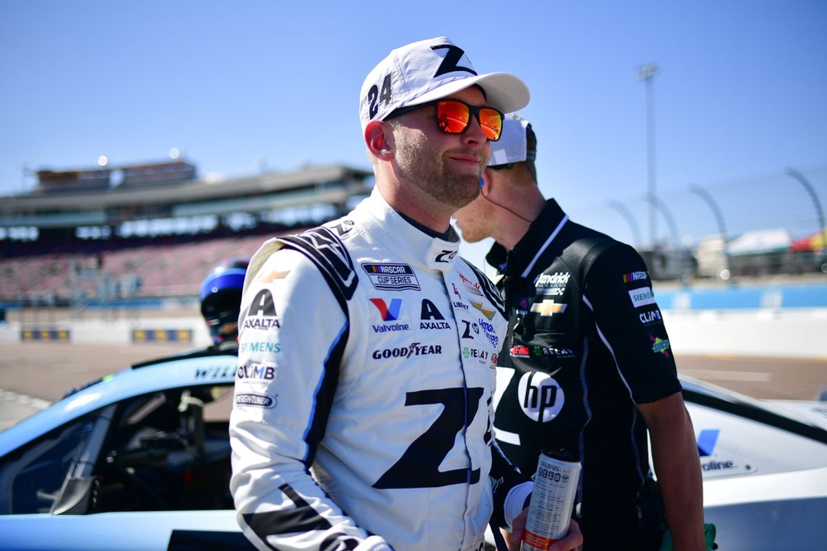 Mar 8, 2025; Avondale, AZ, USA; NASCAR Cup Series driver William Byron (24) reacts after qualifying for pole position for the Shrines Children’s 500 at Phoenix Raceway. Mandatory Credit: Gary A. Vasquez-Imagn Images