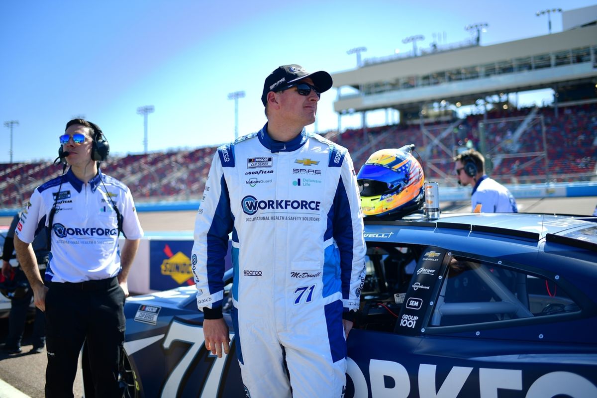 Mar 8, 2025; Avondale, AZ, USA; NASCAR Cup Series driver Michael McDowell (71) during qualifying for the Shrines Children’s 500 at Phoenix Raceway. Mandatory Credit: Gary A. Vasquez-Imagn Images