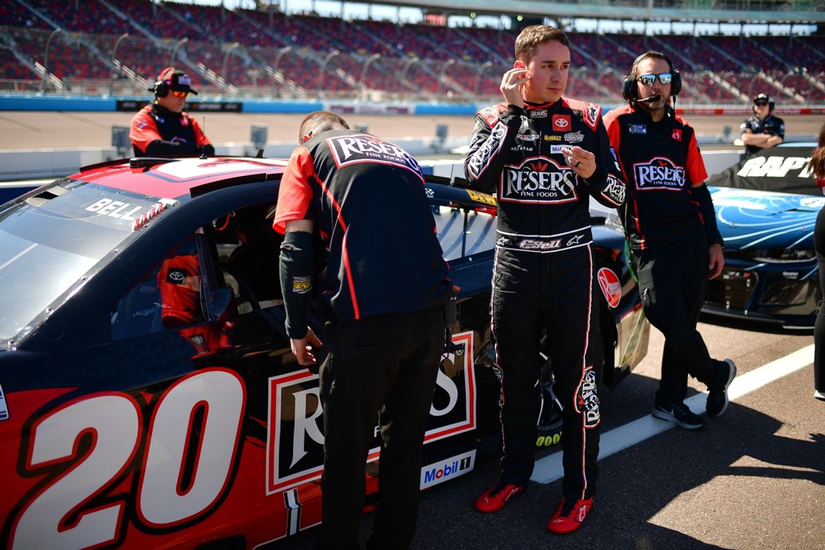 Mar 8, 2025; Avondale, AZ, USA; NASCAR Cup Series driver Christopher Bell (20) during qualifying for the Shrines Children’s 500 at Phoenix Raceway. Mandatory Credit: Gary A. Vasquez-Imagn Images