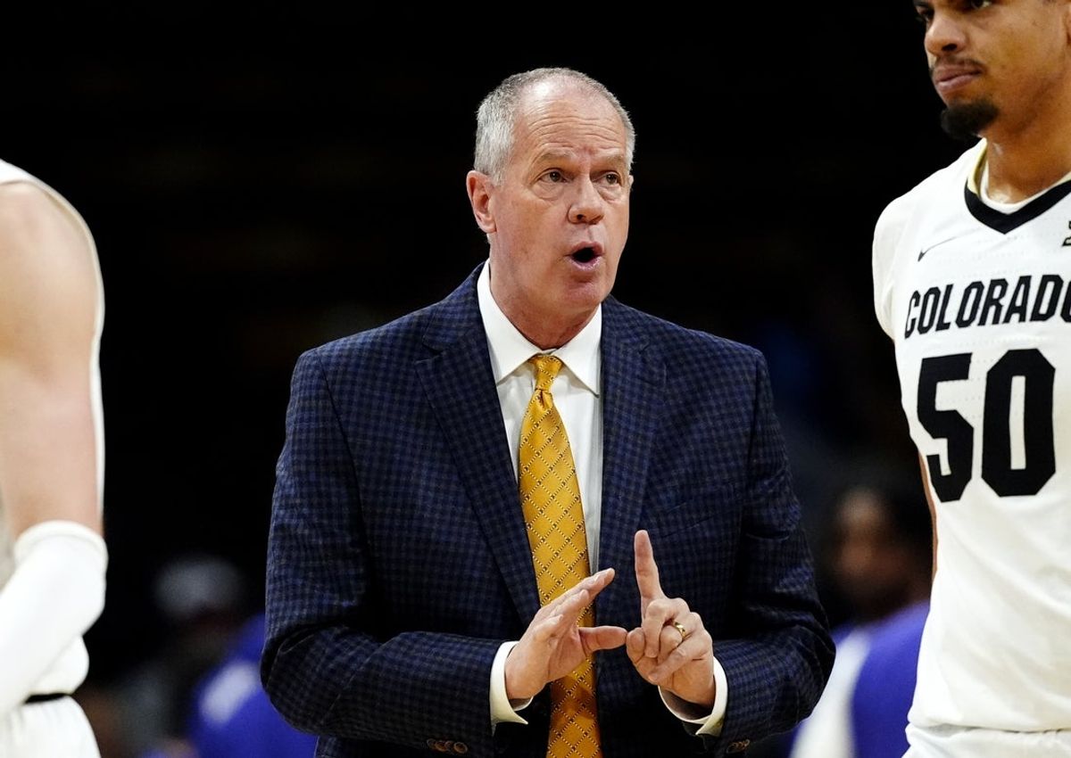 Mar 8, 2025; Boulder, Colorado, USA; Colorado Buffaloes head coach Tad Boyle during a timeout in the first half against the TCU Horned Frogs at the CU Events Center. Mandatory Credit: Ron Chenoy-Imagn Images