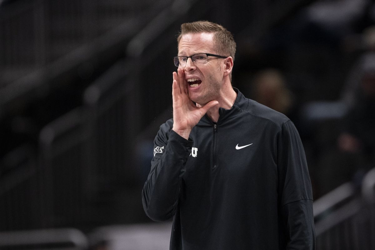 Mar 8, 2025; Kansas City, MO, USA; TCU Horned Frogs head coach Mark Campbell yells from the sideline during the first half against the TCU Horned Frogs at T-Mobile Center. Mandatory Credit: Amy Kontras-Imagn Images