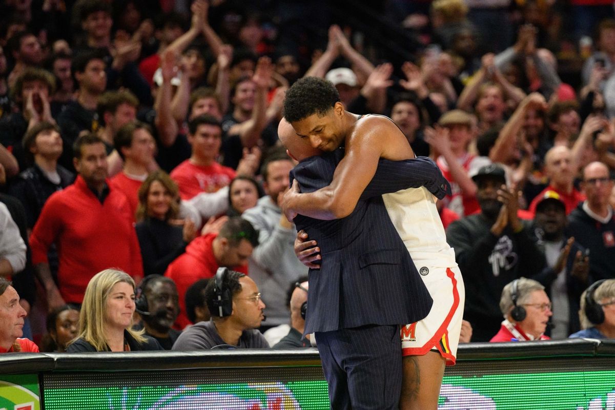 Mar 8, 2025; College Park, Maryland, USA; Maryland Terrapins forward Julian Reese (10) celebrates with head coach Kevin Willard during the second half against the Northwestern Wildcats at Xfinity Center. Mandatory Credit: Reggie Hildred-Imagn Images