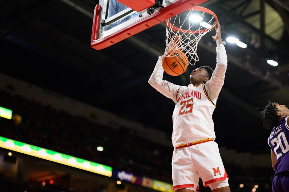 Maryland Terrapins center Derik Queen (25) dunks the ball during the second half against the Northwestern Wildcats at Xfinity Center.
