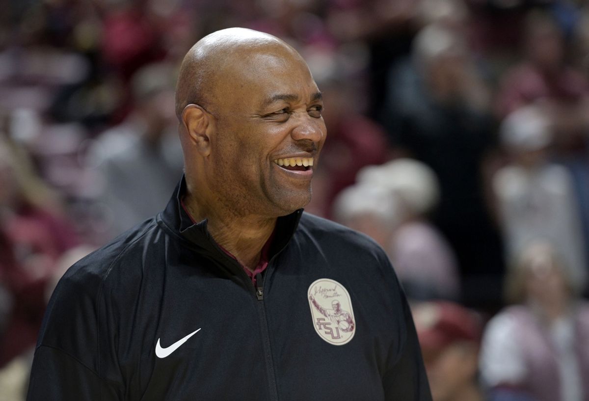 Mar 8, 2025; Tallahassee, Florida, USA; Florida State Seminoles head coach Leonard Hamilton looks on before his final home game against the Southern Methodist University Mustangs at Donald L. Tucker Center. Mandatory Credit: Melina Myers-Imagn Images