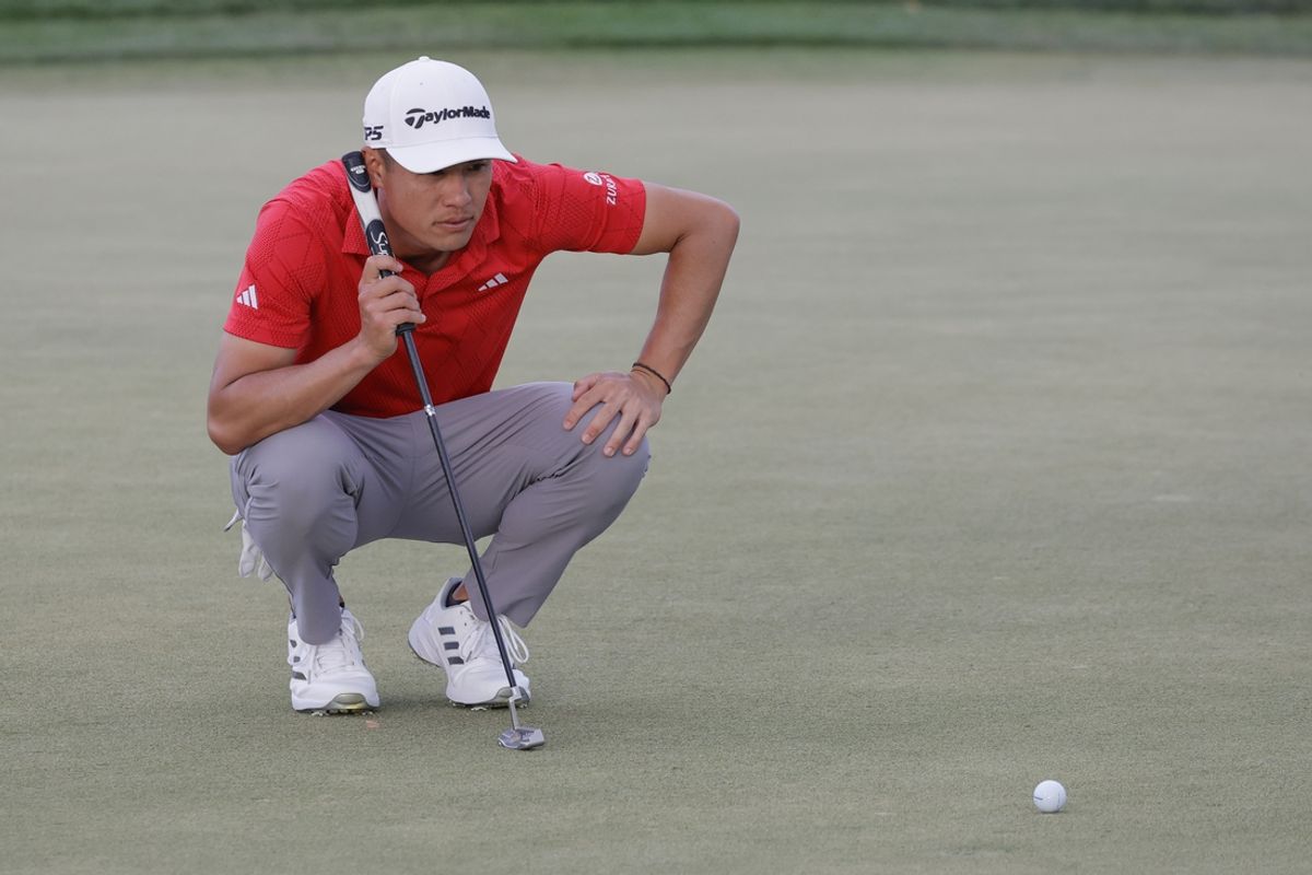 Mar 8, 2025; Orlando, Florida, USA;  Colin Morikawa lines up a putt on the 15th green during the third round of the Arnold Palmer Invitational golf tournament at Bay Hill. Mandatory Credit: Reinhold Matay-Imagn Images