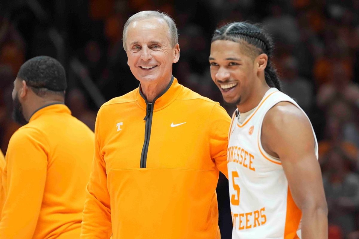 Tennessee head coach Rick Barnes and Tennessee's Zakai Zeigler (5) during Senior Day presentations after a men’s college basketball game between Tennessee and South Carolina at Thompson-Boling Arena at Food City Center, Saturday, March 8, 2025.