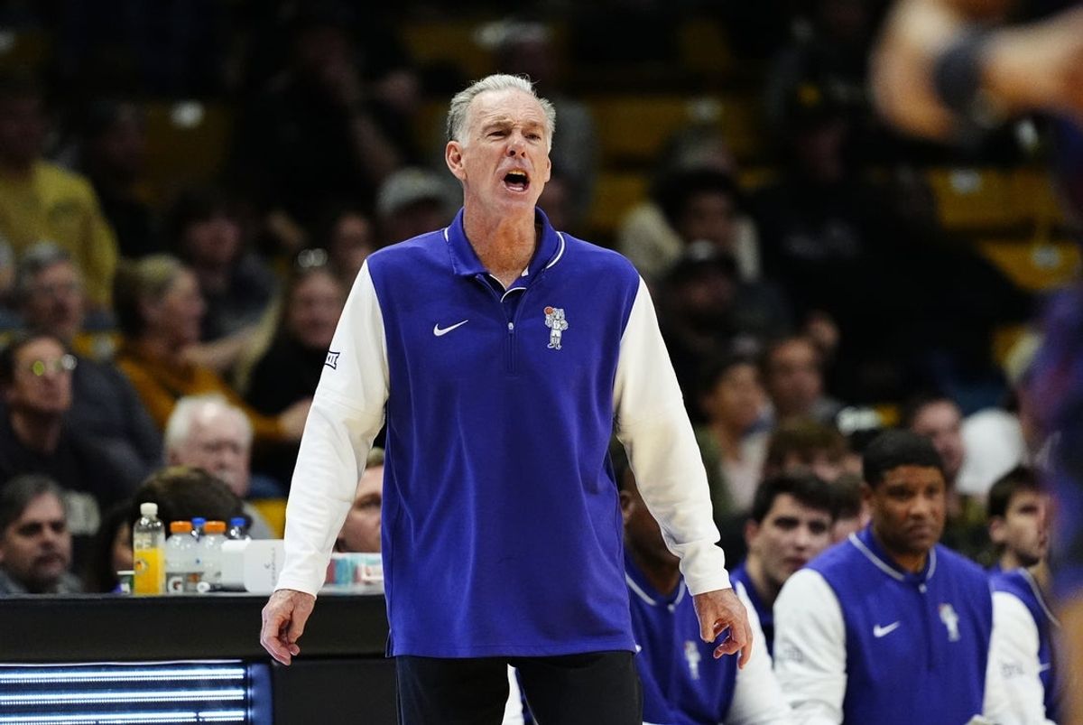 Mar 8, 2025; Boulder, Colorado, USA; TCU Horned Frogs head coach Jamie Dixon calls out in the second half against the Colorado Buffaloes at the CU Events Center. Mandatory Credit: Ron Chenoy-Imagn Images