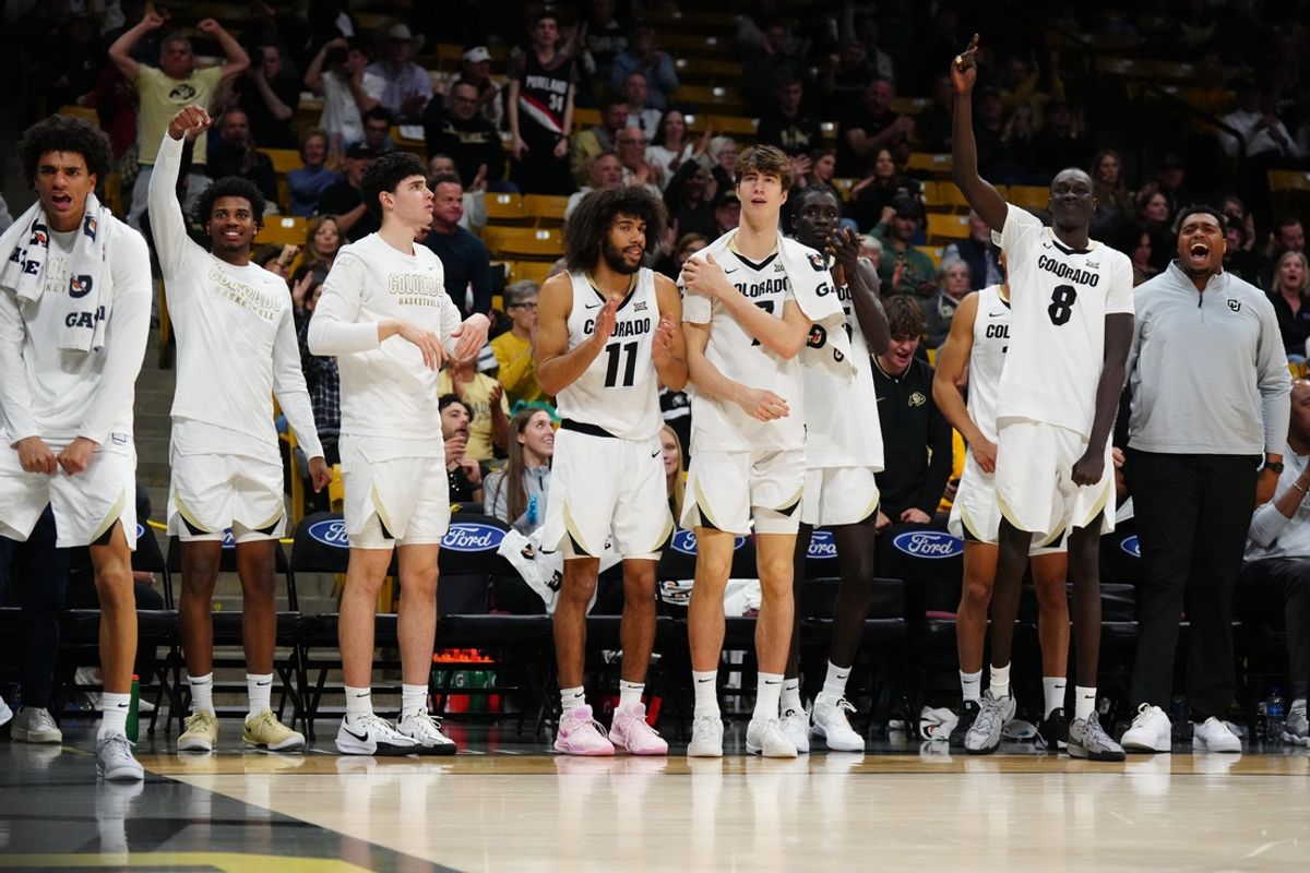 Mar 8, 2025; Boulder, Colorado, USA; Members of the Colorado Buffaloes cheer in the second half against the TCU Horned Frogs at the CU Events Center. Mandatory Credit: Ron Chenoy-Imagn Images