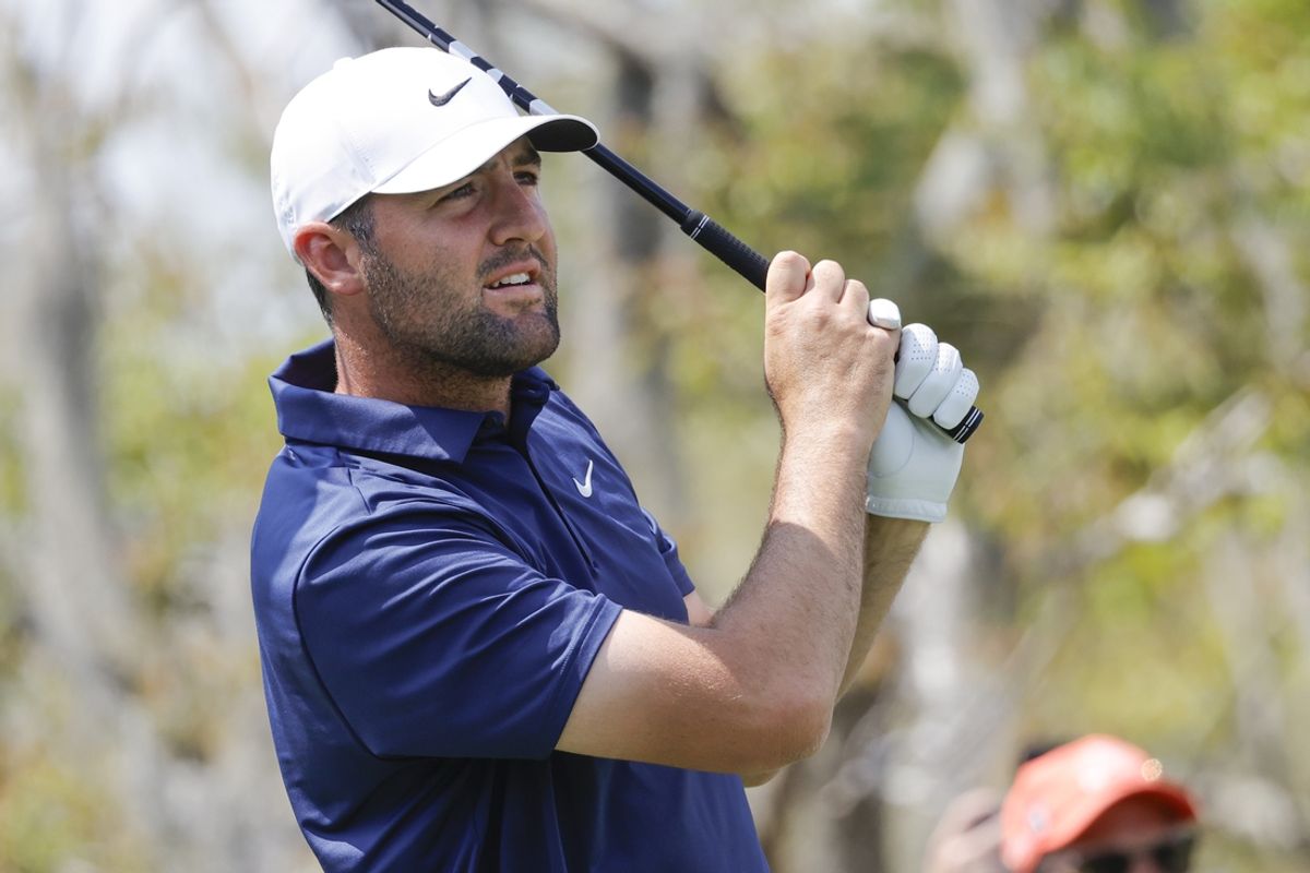 Mar 8, 2025; Orlando, Florida, USA;  Scottie Scheffler plays his shot from the third tee during the third round of the Arnold Palmer Invitational golf tournament at Bay Hill. Mandatory Credit: Reinhold Matay-Imagn Images