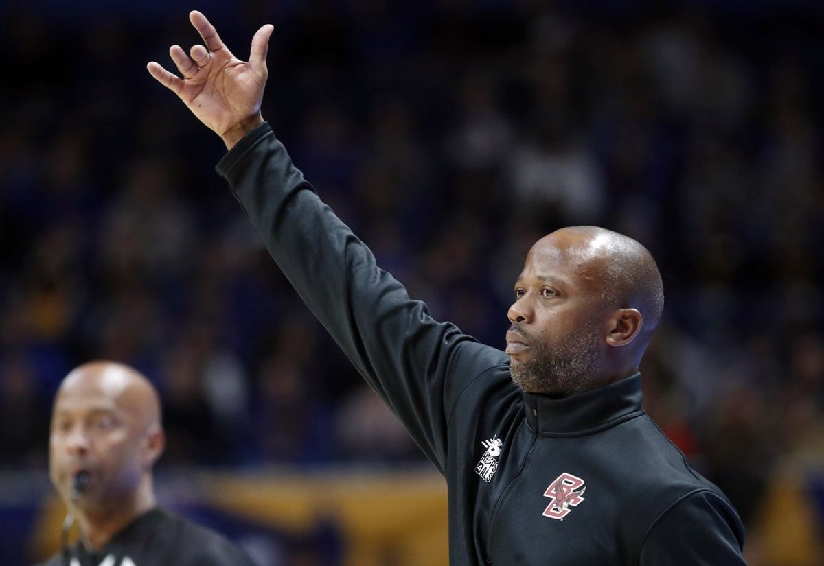 Mar 8, 2025; Pittsburgh, Pennsylvania, USA;  Boston College Eagles head coach Earl Grant gestures on the sidelines against the Pittsburgh Panthers during the first half at the Petersen Events Center. Mandatory Credit: Charles LeClaire-Imagn Images