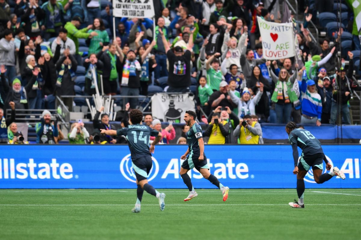 Mar 8, 2025; Seattle, Washington, USA; Seattle Sounders FC midfielder Cristian Roldan (7) celebrates after scoring a goal against the Los Angeles FC during the second half at Lumen Field. Mandatory Credit: Steven Bisig-Imagn Images
