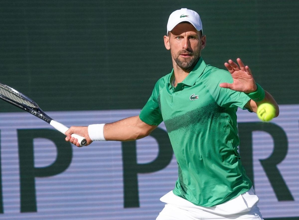Novak Djokovic hits a shot in his match against Botic Van De Zandschulp during Round 2 of the BNP Paribas Open in Indian Wells, Calif., March 8, 2025.