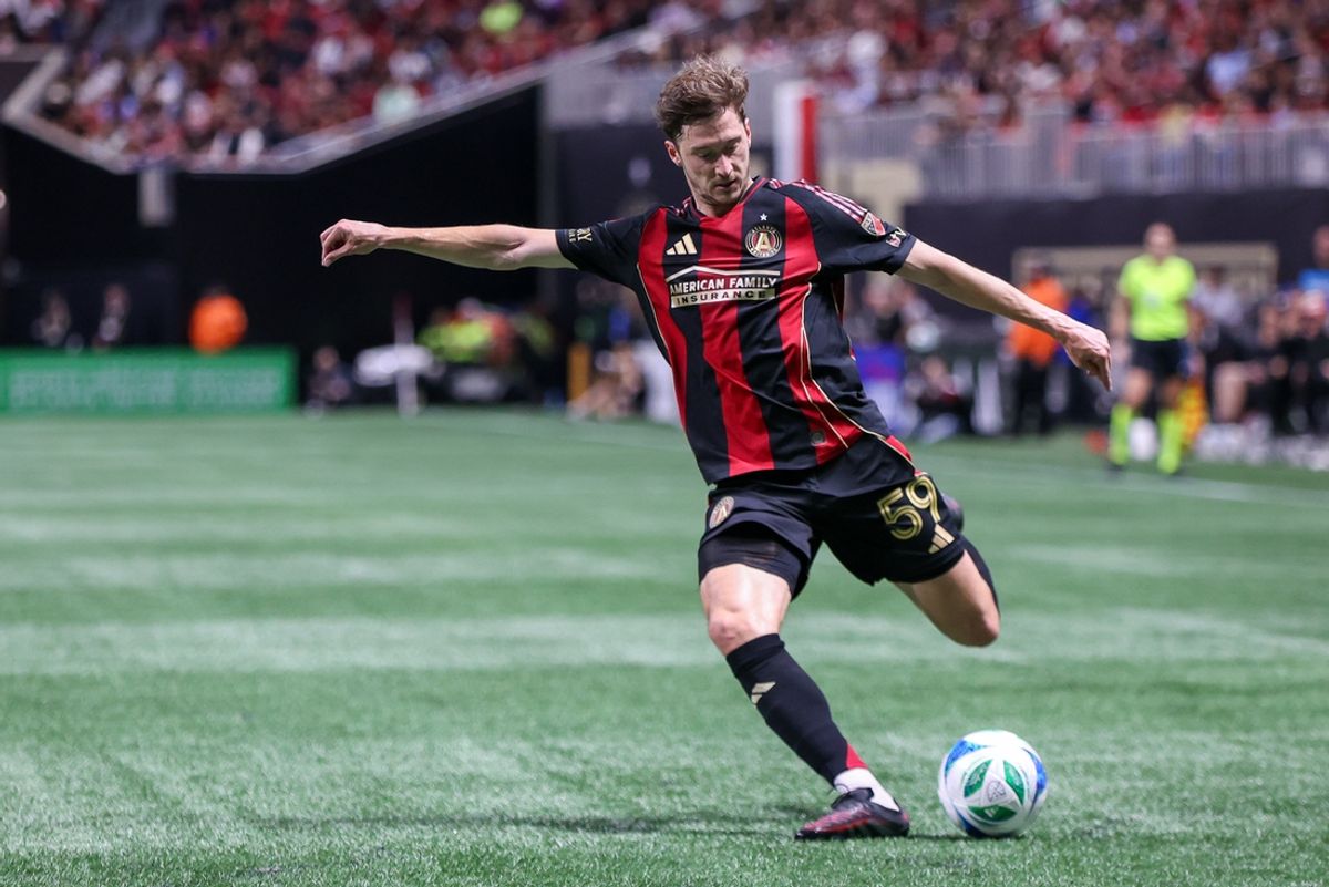 Mar 8, 2025; Atlanta, Georgia, USA; Atlanta United midfielder Aleksey Miranchuk (59) kicks the ball against the New York Red Bulls in the first half at Mercedes-Benz Stadium. Mandatory Credit: Brett Davis-Imagn Images