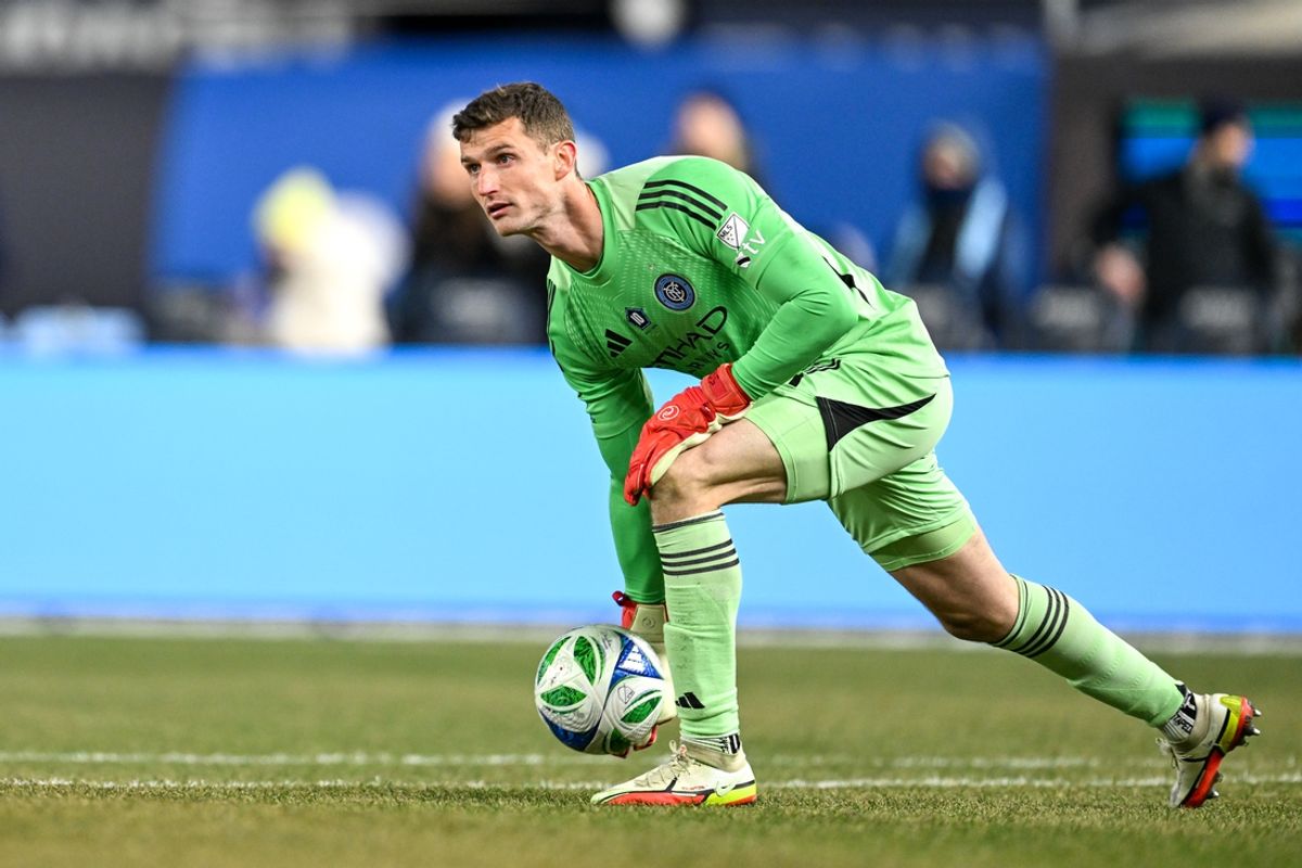 Mar 8, 2025; New York, New York, USA; New York City FC goalkeeper Matt Freese (49) rolls the ball during the first half against Orlando City at Yankee Stadium. Mandatory Credit: Mark Smith-Imagn Images