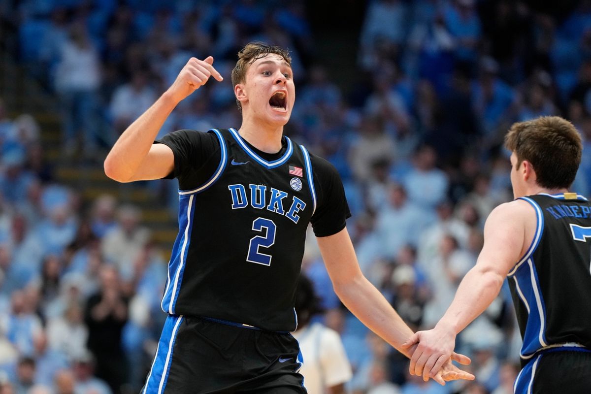Mar 8, 2025; Chapel Hill, North Carolina, USA; Duke Blue Devils forward Cooper Flagg (2) reacts in the second half at Dean E. Smith Center. Mandatory Credit: Bob Donnan-Imagn Images