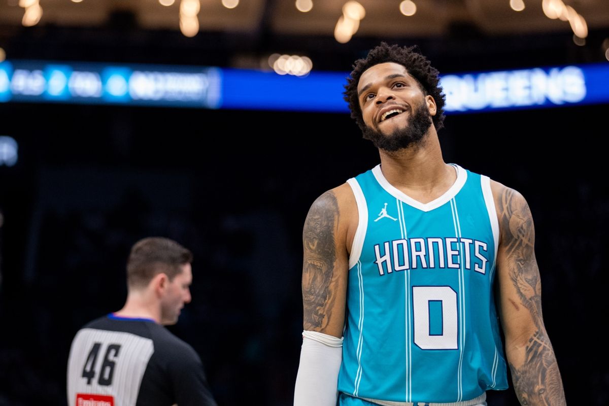 Mar 8, 2025; Charlotte, North Carolina, USA; Charlotte Hornets forward Miles Bridges (0) reacts during the fourth quarter against the Brooklyn Nets at Spectrum Center. Mandatory Credit: Scott Kinser-Imagn Images
