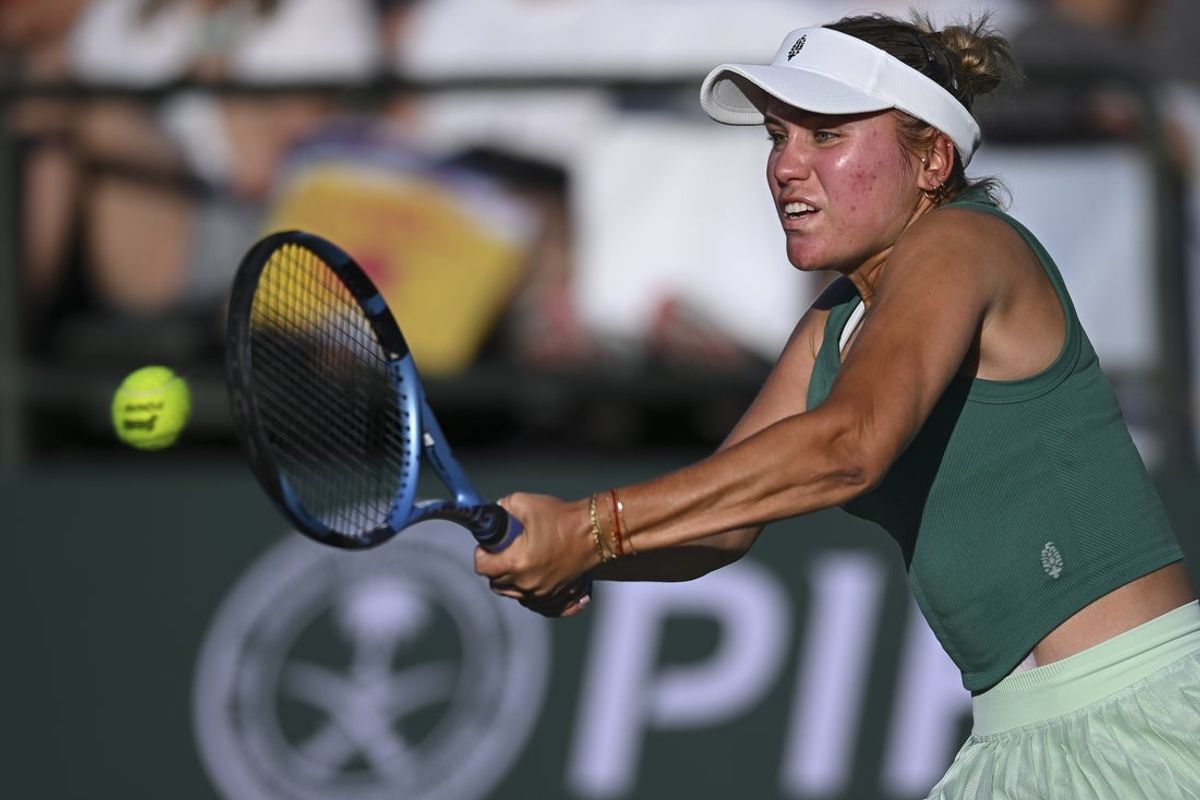 Mar 8, 2025; Indian Wells, CA, USA; Sofia Kenin (USA) hits a ball against Daria Kasatikina at Indian Well Tennis Garden. Mandatory Credit: Jonathan Hui-Imagn Images
