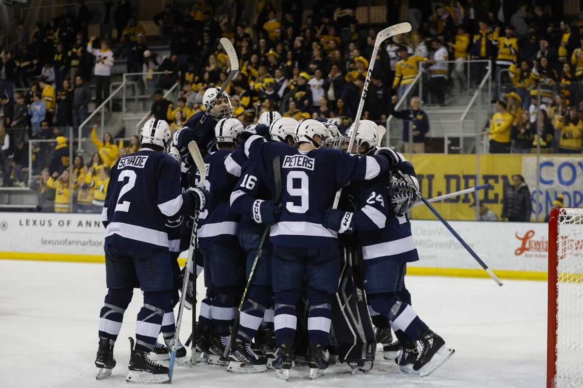 March 8, 2025; Ann Arbor, Michigan, USA; The Penn State Nittany Lions celebrate their win over the Michigan Wolverines at Yost Ice Arena. Mandatory Credit: Brian Bradshaw Sevald-Imagn Images