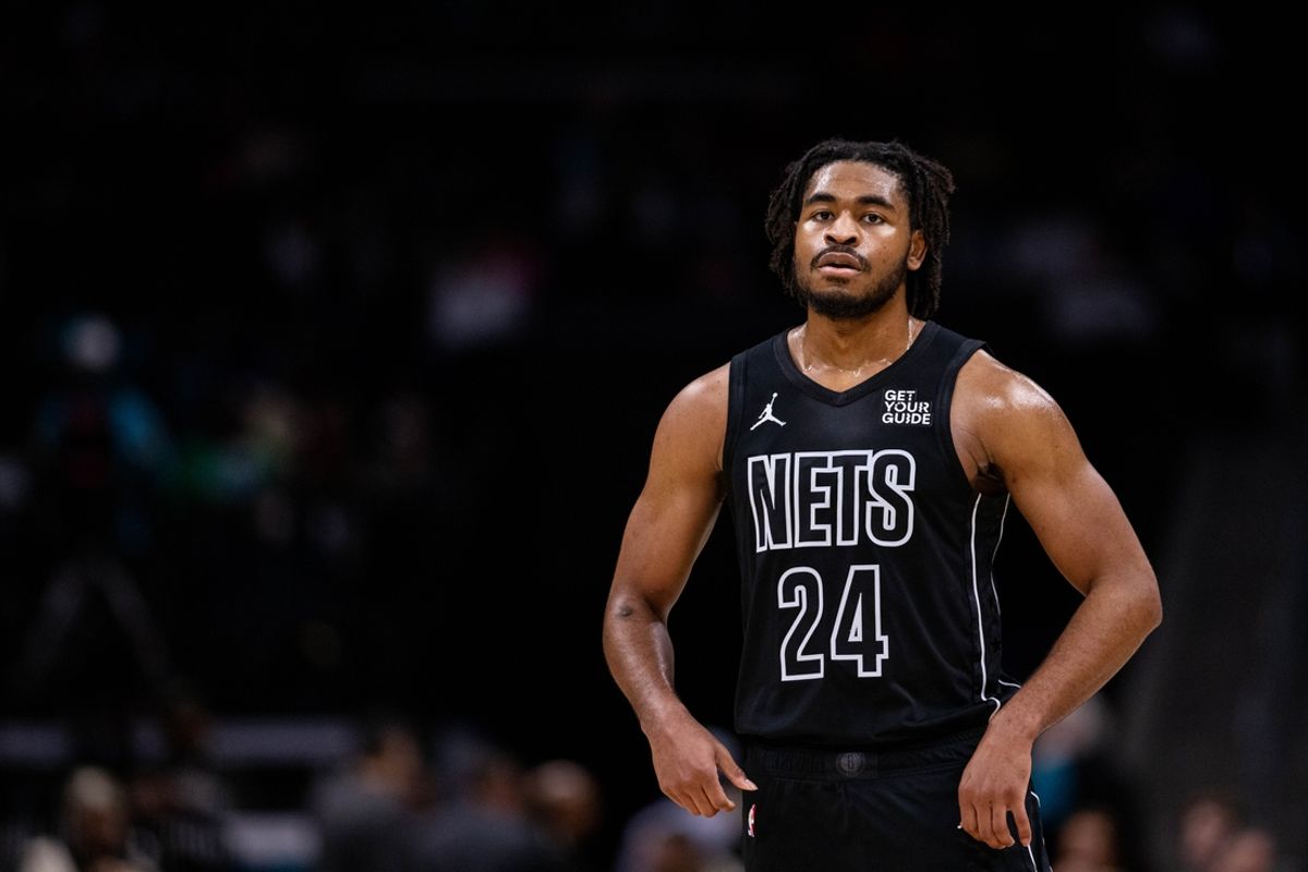 Mar 8, 2025; Charlotte, North Carolina, USA; Brooklyn Nets guard Cam Thomas (24) looks on during a break against the Charlotte Hornets during the second quarter at Spectrum Center. Mandatory Credit: Scott Kinser-Imagn Images
