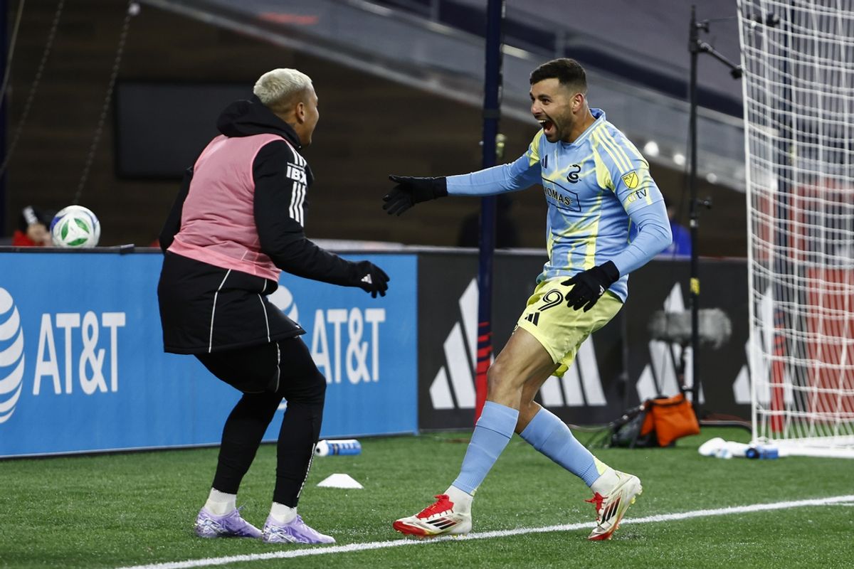 Mar 8, 2025; Foxborough, Massachusetts, USA; Philadelphia Union forward Tai Baribo (9) smiles as he heads for teammates after scoring on New England Revolution goalkeeper Aljaz Ivacic (31) during the second half at Gillette Stadium. Mandatory Credit: Winslow Townson-Imagn Images