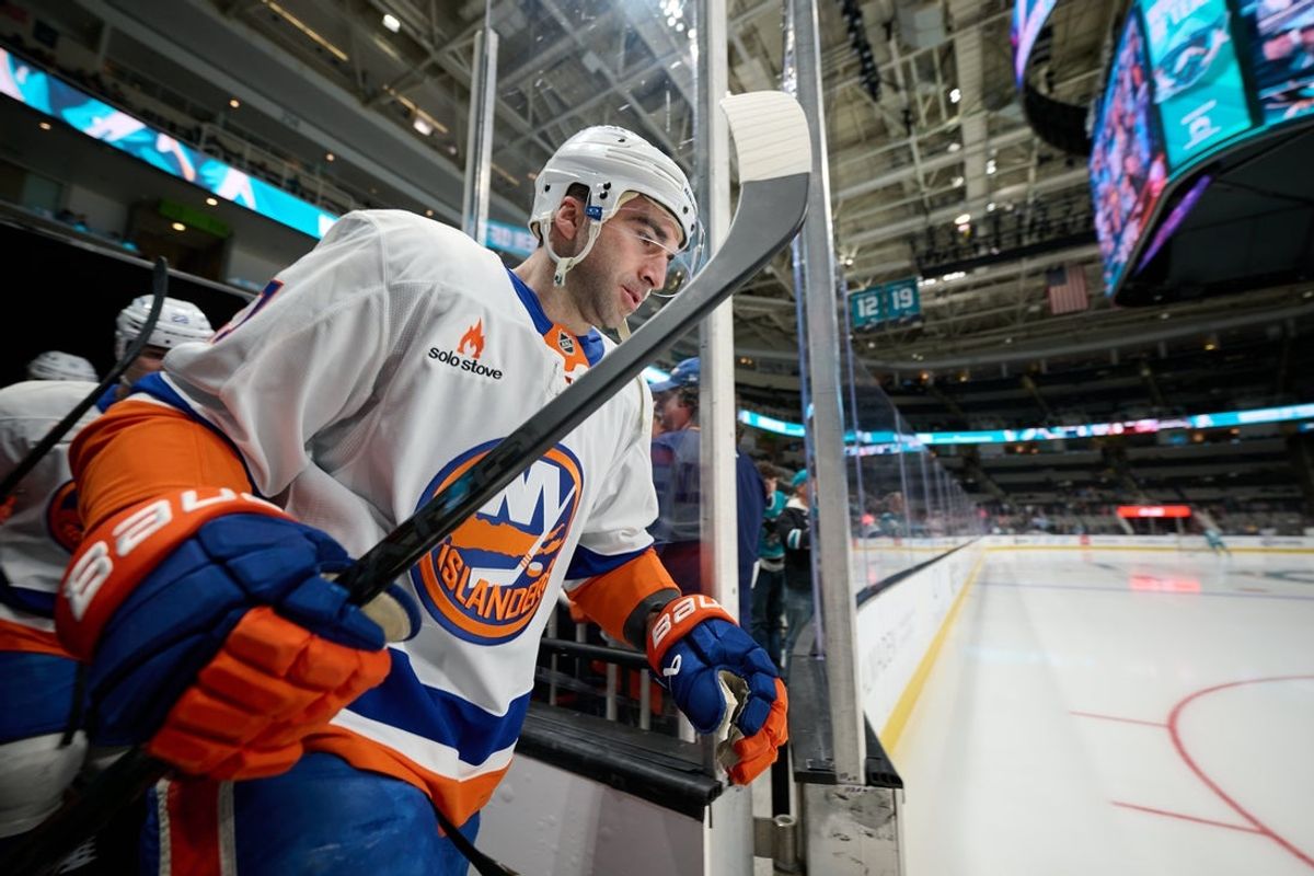 Mar 8, 2025; San Jose, California, USA; New York Islanders center Kyle Palmieri (21) steps onto the ice for warmups before the game against the San Jose Sharks at SAP Center at San Jose. Mandatory Credit: Robert Edwards-Imagn Images