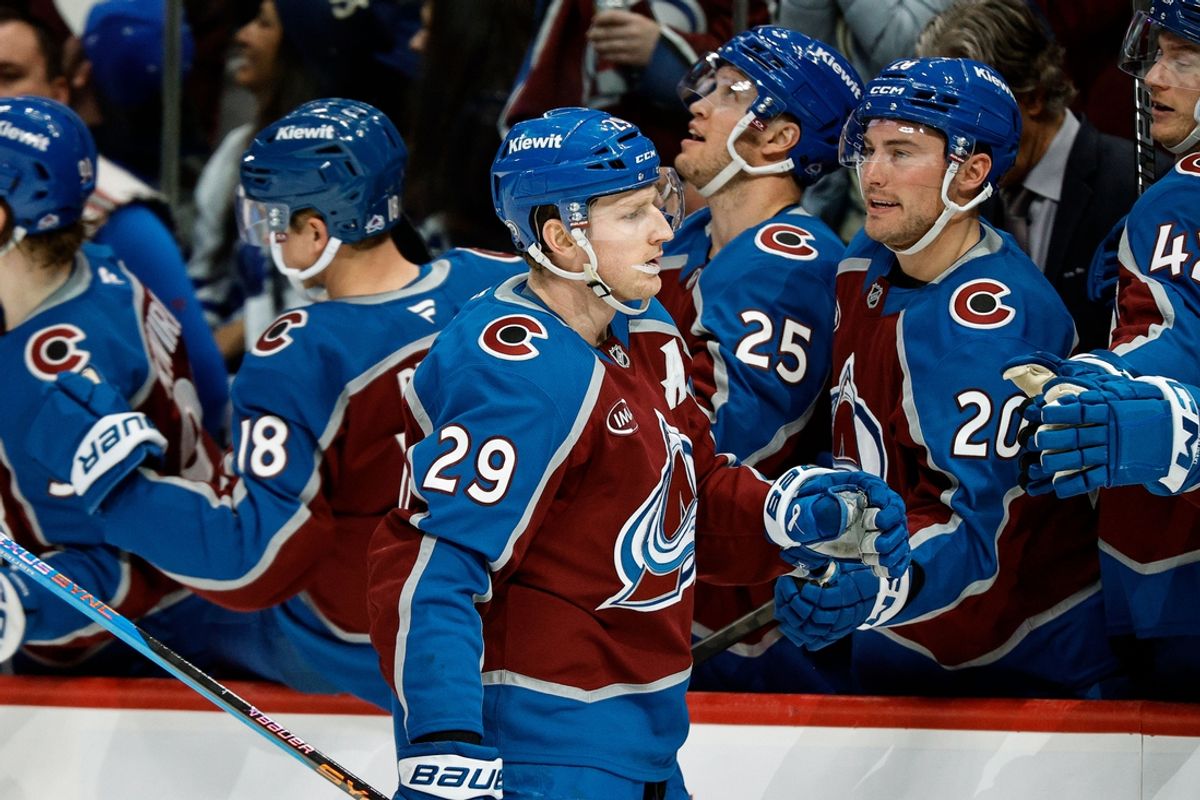 Mar 8, 2025; Denver, Colorado, USA; Colorado Avalanche center Nathan MacKinnon (29) celebrates with bench after his goal in the third period against the Toronto Maple Leafs at Ball Arena. Mandatory Credit: Isaiah J. Downing-Imagn Images