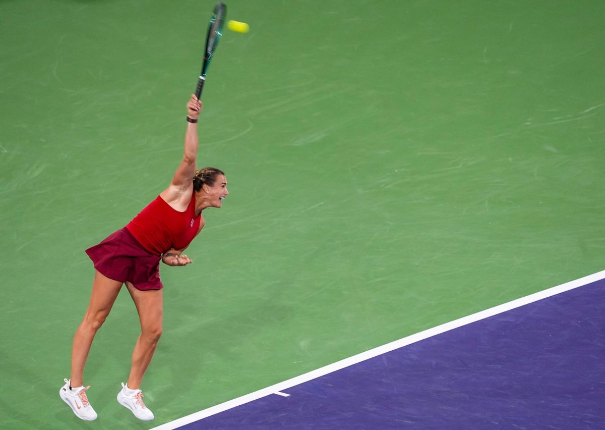 Aryna Sabalenka serves to McCartney Kessler during the second round of the BNP Paribas Open in Indian Wells, Calif., Saturday, March 8, 2025.