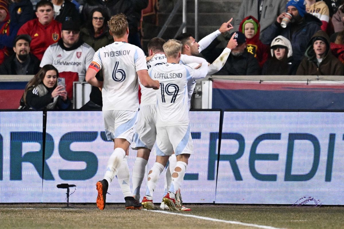 Mar 8, 2025; Sandy, Utah, USA;  San Diego FC defender Franco Negri (22) celebrates with teammates after scoring a goal in the first half against Real Salt Lake at America First Field. Mandatory Credit: Jamie Sabau-Imagn Images