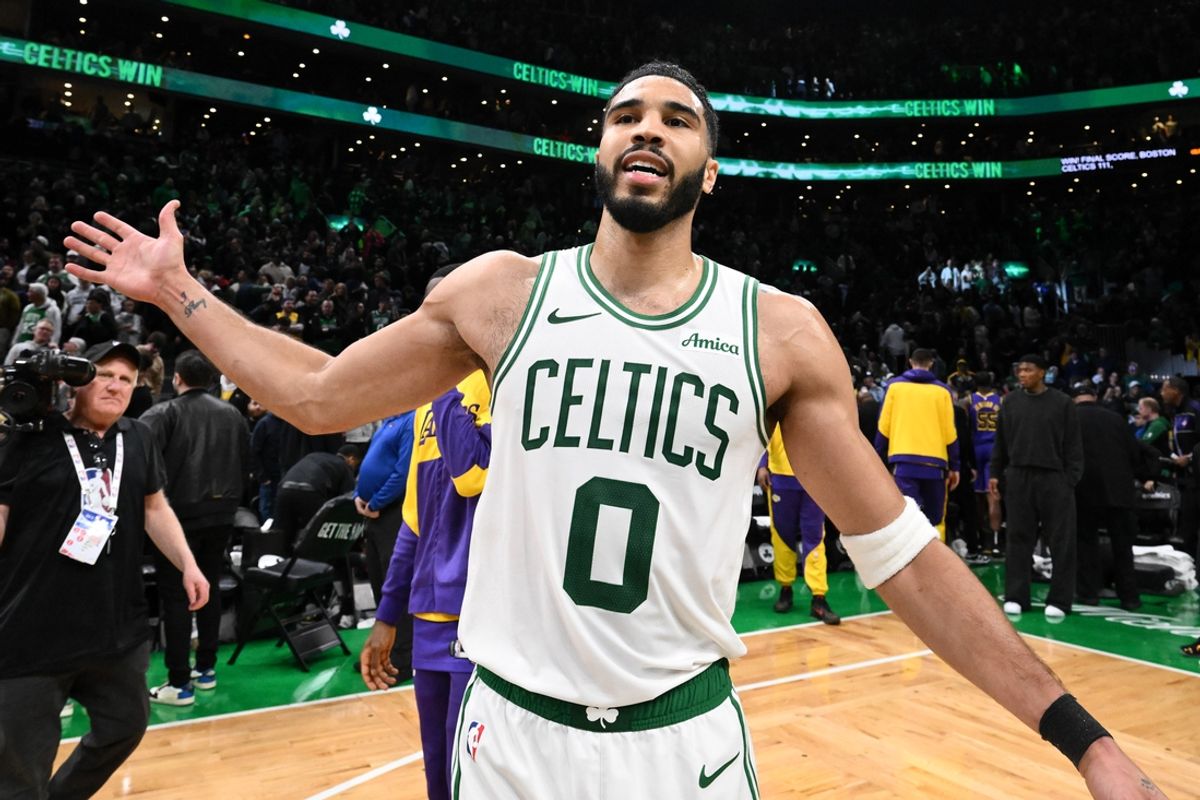 Mar 8, 2025; Boston, Massachusetts, USA; Boston Celtics guard Jaylen Brown (7) reacts after a game against the Los Angeles Lakers at the TD Garden. Mandatory Credit: Brian Fluharty-Imagn Images