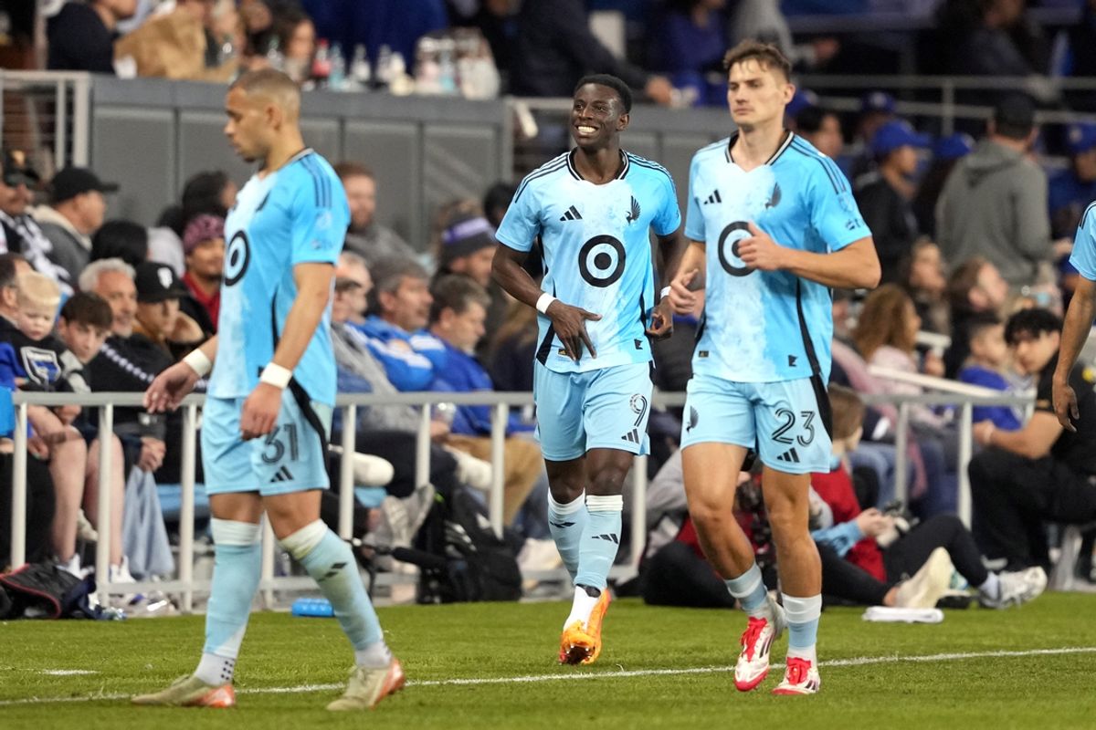Mar 8, 2025; San Jose, California, USA; Minnesota United forward Kelvin Yeboah (9) reacts after scoring a goal against the San Jose Earthquakes during the first half at PayPal Park. Mandatory Credit: Darren Yamashita-Imagn Images