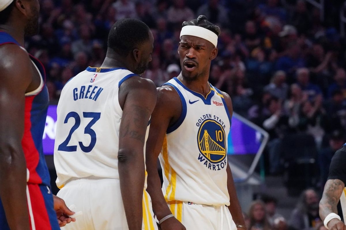 Mar 8, 2025; San Francisco, California, USA; Golden State Warriors forward Jimmy Butler III (10) celebrates with forward Draymond Green (23) in the second quarter at Chase Center. Mandatory Credit: David Gonzales-Imagn Images