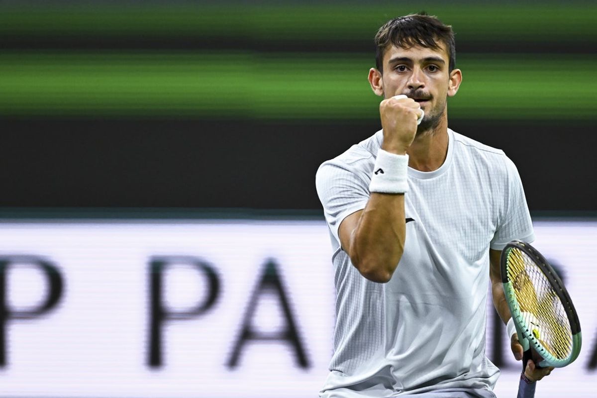 Mar 8, 2025; Indian Wells, CA, USA; Mariano Navone (ARG) reacts after winning a point against Ben Shelton (USA) at Indian Well Tennis Garden. Mandatory Credit: Jonathan Hui-Imagn Images