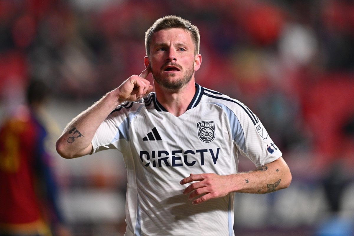Mar 8, 2025; Sandy, Utah, USA;  San Diego FC winger Anders Dreyer (10) celebrates after scoring a goal in the second half against Real Salt Lake at America First Field. Mandatory Credit: Jamie Sabau-Imagn Images