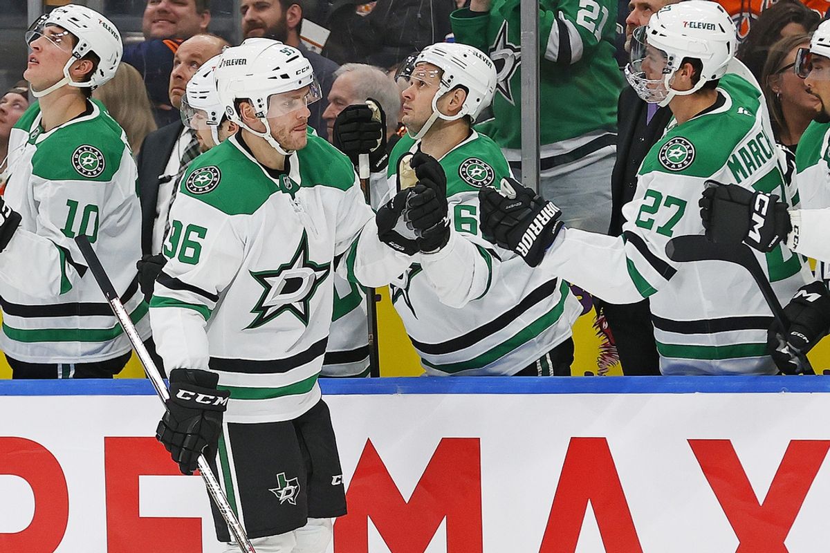 Mar 8, 2025; Edmonton, Alberta, CAN; The Dallas Stars celebrate a goal by forward forward Mikko Rantanen (96) during the third period  against the Edmonton Oilers at Rogers Place. Mandatory Credit: Perry Nelson-Imagn Images