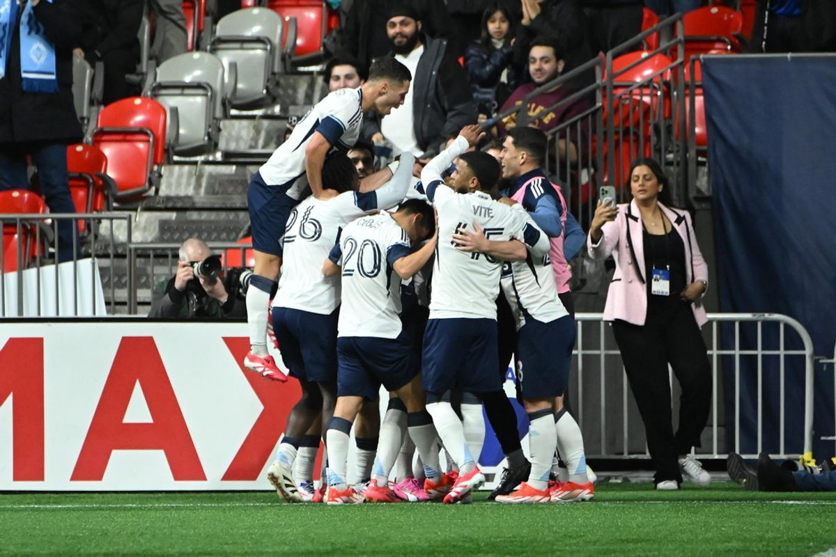 Mar 8, 2025; Vancouver, British Columbia, CAN;  Vancouver Whitecaps FC celebrate defender Mathias Laborda (2) goal during the first half against CF Montreal at BC Place. Mandatory Credit: Simon Fearn-Imagn Images