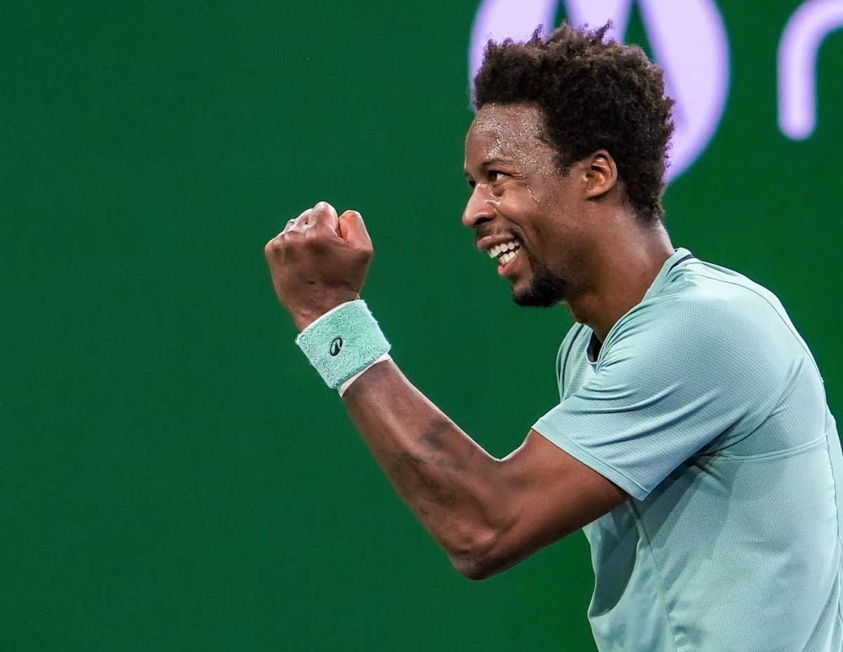 Gael Monfils celebrates reaching match point over Sebastian Korda in their second set tiebreaker during the second round of the BNP Paribas Open in Indian Wells, Calif., Saturday, March 8, 2025.