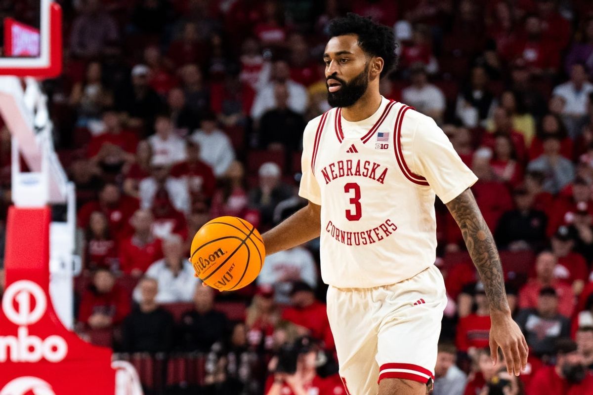 Mar 9, 2025; Lincoln, Nebraska, USA; Nebraska Cornhuskers guard Brice Williams (3) dribbles against the Iowa Hawkeyes during the first half at Pinnacle Bank Arena. Mandatory Credit: Dylan Widger-Imagn Images