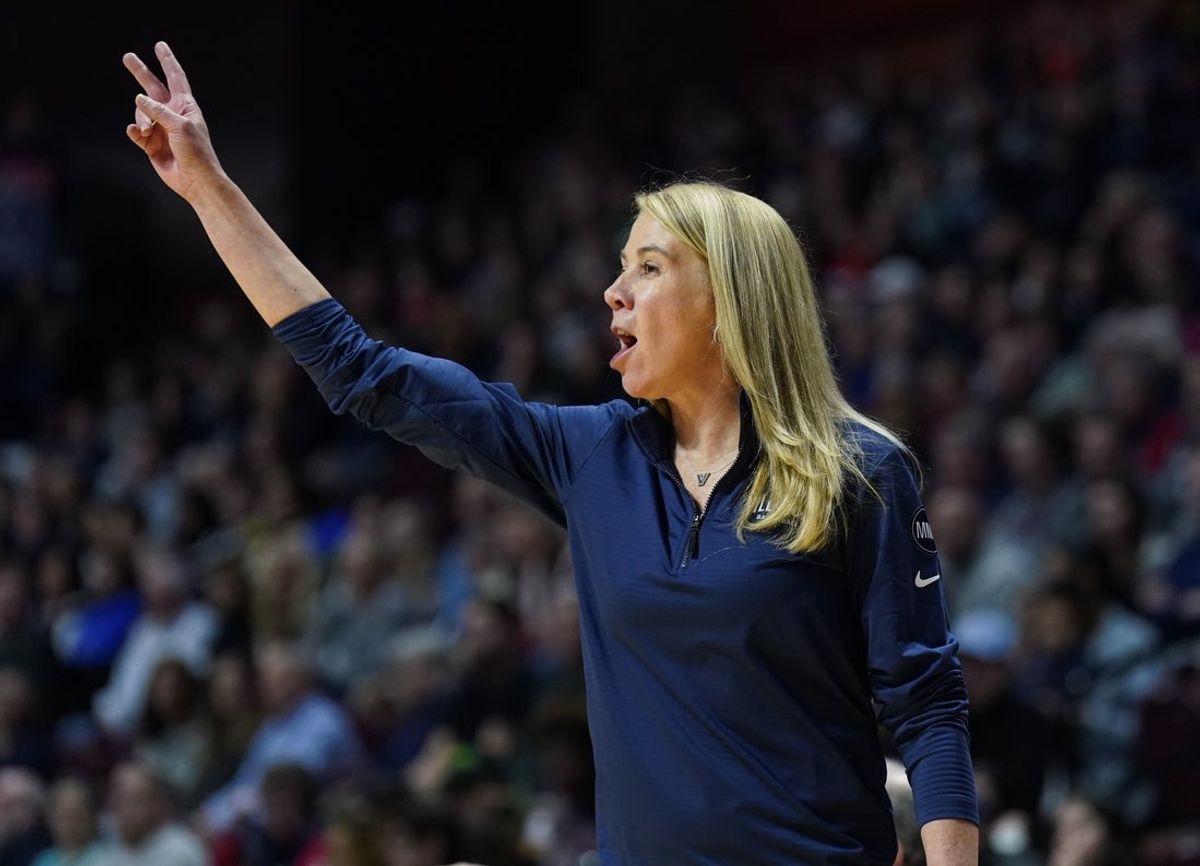 Mar 9, 2025; Uncasville, CT, USA; Villanova Wildcats head coach Denise Dillon watches from the sideline as they take on the UConn Huskies at Mohegan Sun Arena. Mandatory Credit: David Butler II-Imagn Images