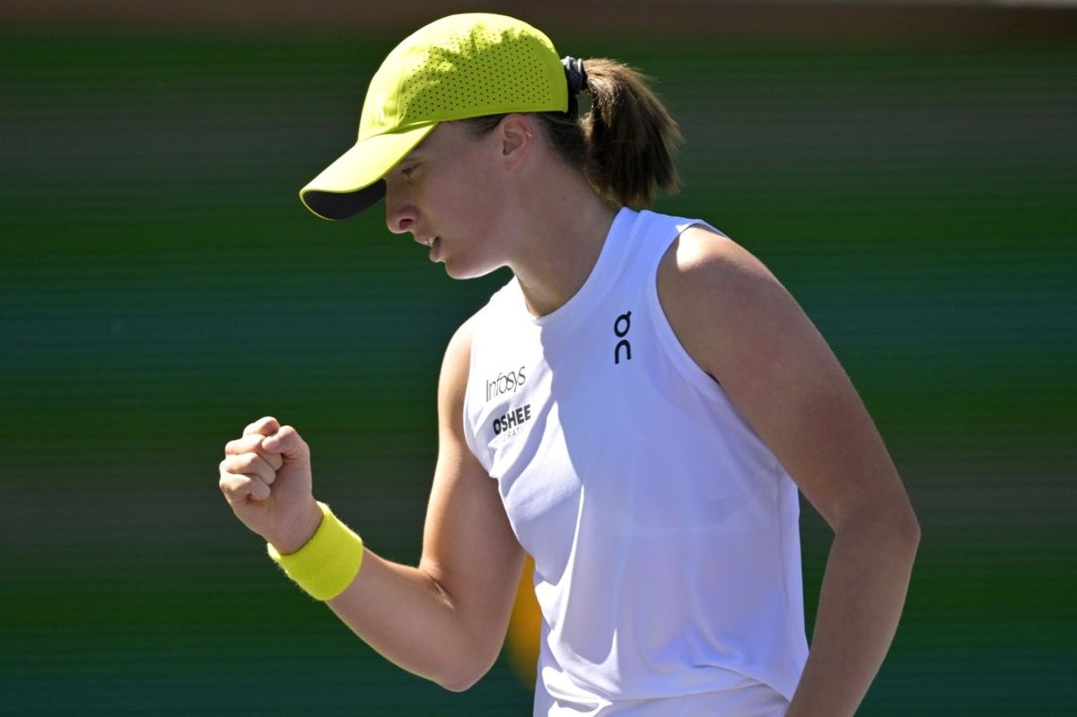 Mar 9, 2025; Indian Wells, CA, USA;  Iga Swiatek (POL) reacts as she defeated Dayana Yastremska (not pictured) in the third round of the BNP Paribas Open at the Indian Well Tennis Garden. Mandatory Credit: Jayne Kamin-Oncea-Imagn Images