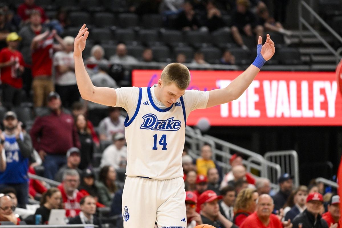 Mar 9, 2025; St. Louis, Missouri, USA;  Drake Bulldogs guard Bennett Stirtz (14) reacts during the second half of the Missouri Valley Conference Tournament Championship against the Bradley Braves at Enterprise Center. Mandatory Credit: Jeff Curry-Imagn Images