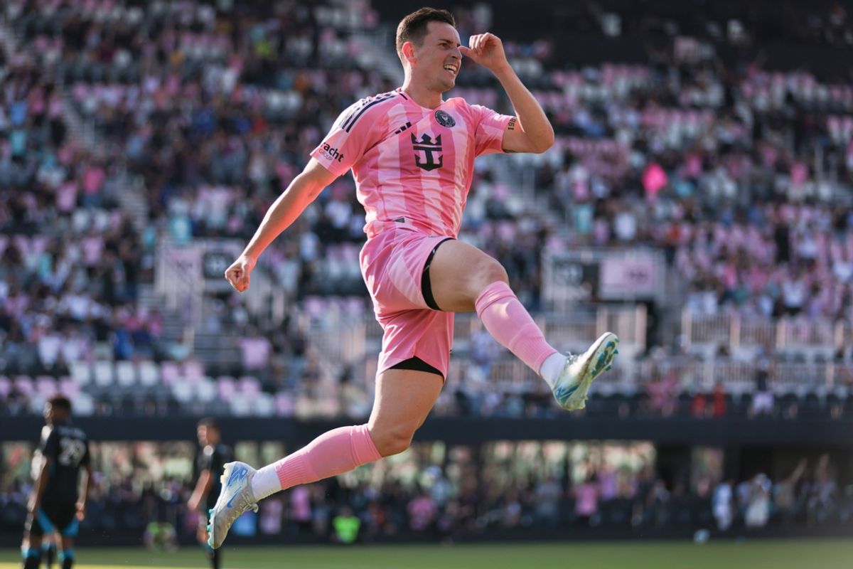 Mar 9, 2025; Fort Lauderdale, Florida, USA; Inter Miami CF forward Tadeo Allende (21) celebrates after scoring against Charlotte FC during the second half at Chase Stadium. Mandatory Credit: Sam Navarro-Imagn Images